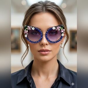 SUNGLASSES💙Blue 😻Cat Eye Encrusted Sunglasses